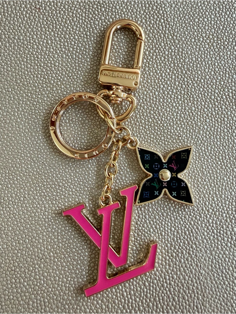 Pink and black enamel monogram key ring bag charm